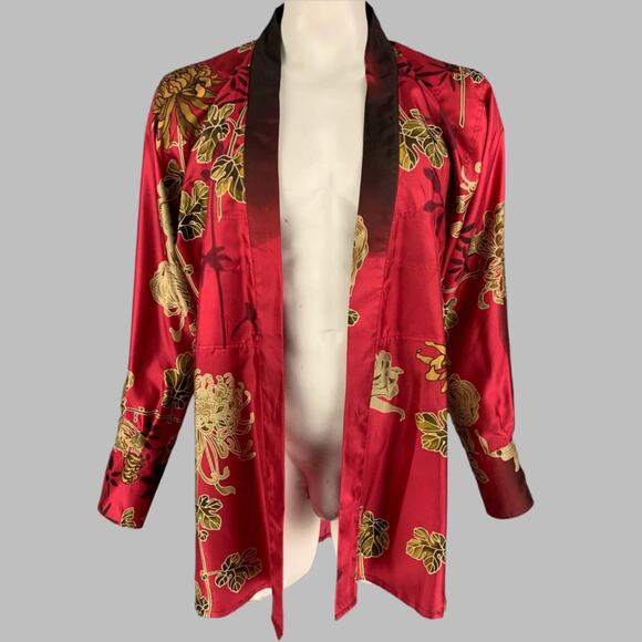 Vintage SS 2001 Size L Red Gold Chrysanthemum Print Silk Tunic Long Sleeve Shirt - Picture 1 of 7